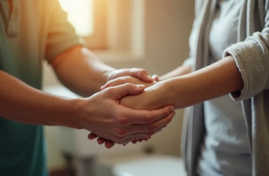 photograph-style image of a caregiver's gloved hands gently assisting an elderly person's hands with a personal care task in a warm, well-lit bathroom setting. Focus on the interaction between the hands to convey trust and dignity. Include subtle background elements suggesting a personalized care environment.