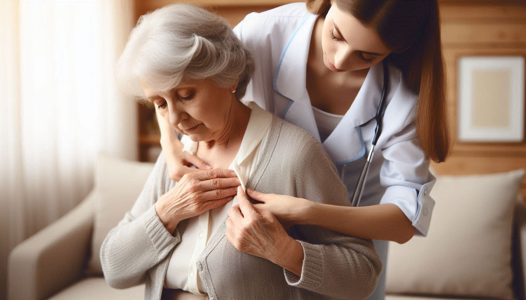 A gentle, supportive scene demonstrating dressing assistance: A compassionate caregiver helping a senior dress, showcasing respect, dignity, and personalized care. The image captures the delicate balance of providing physical support while maintaining the individual's sense of independence and personal identity.