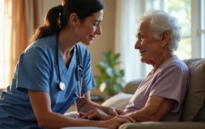 Create a 3:2 photograph-style image depicting a compassionate nurse assisting an elderly individual in a cozy home setting. The scene should convey warmth and professionalism, highlighting the personalized care and comfort of in-home nursing services. Elements such as medical equipment, a comfortable living space, and natural lighting can be included to enhance the narrative.