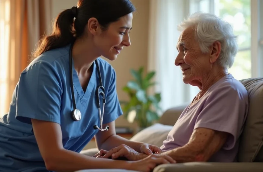 Create a 3:2 photograph-style image depicting a compassionate nurse assisting an elderly individual in a cozy home setting. The scene should convey warmth and professionalism, highlighting the personalized care and comfort of in-home nursing services. Elements such as medical equipment, a comfortable living space, and natural lighting can be included to enhance the narrative.