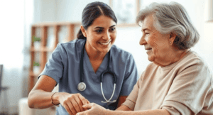 Create a 3:2 photograph capturing a meaningful interaction between a professional caregiver and an elderly care recipient in a well-lit, home setting. The image should show the caregiver maintaining eye contact while assisting with a daily activity, demonstrating both professional competence and genuine compassion. Natural lighting should highlight their positive interaction, while the environment should reflect organization and attention to detail. The composition should emphasize the trust and respect inherent in the professional caregiving relationship.