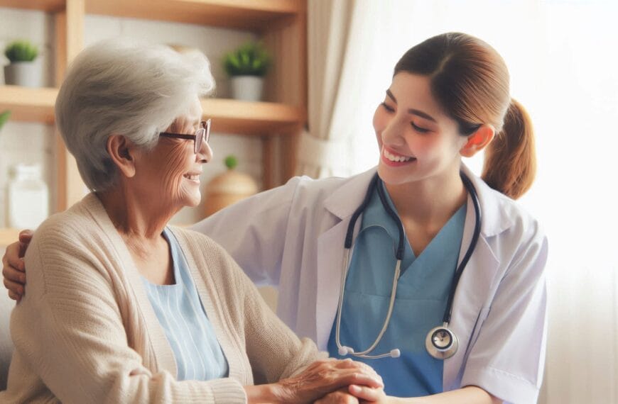 a compassionate caregiver or nurse attentively assisting an elderly patient