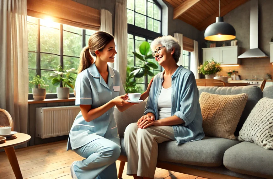 A well-lit, cozy living room featuring a smiling senior sitting comfortably on a modern couch. A professional caregiver, wearing a light uniform