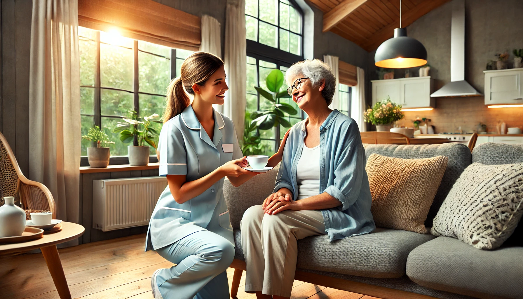 A well-lit, cozy living room featuring a smiling senior sitting comfortably on a modern couch. A professional caregiver, wearing a light uniform