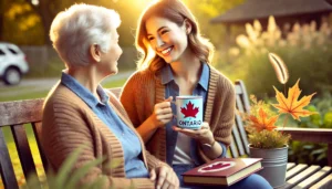A warm, photographic scene of a caregiver in Ontario spending quality time with an elderly parent. The pair is sharing a lighthearted moment outdoors