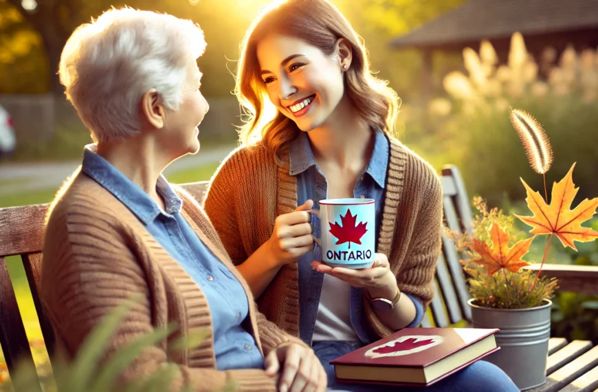 A warm, photographic scene of a caregiver in Ontario spending quality time with an elderly parent. The pair is sharing a lighthearted moment outdoors