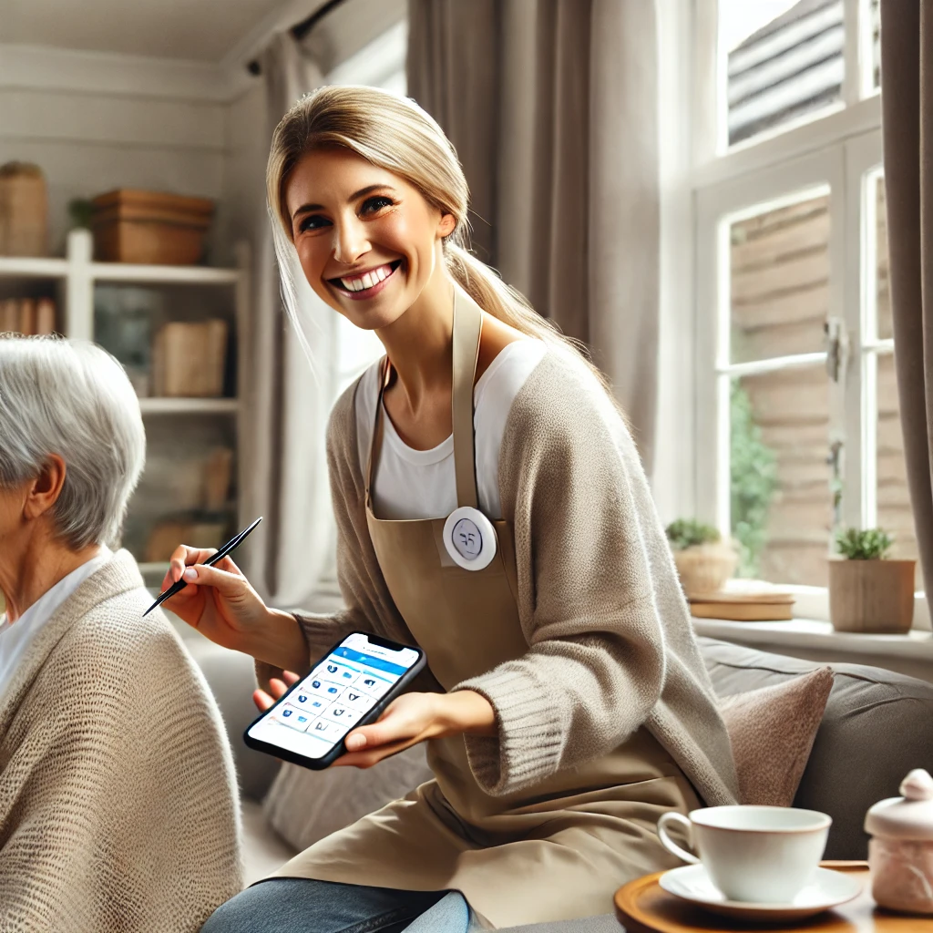 A busy caregiver smiling warmly while multitasking in a cozy home environment. She is assisting an elderly parent sitting on a comfortable chair