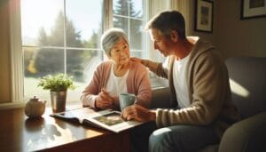 a caregiver and a senior engaged in a calm, shared activity