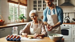 A senior doing an activity that reflects independence and emotional well-being while showing that their environment is adapted for their needs.
