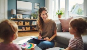 FAQs Image Description: Main Action: The nanny is attentively listening to the parent while maintaining a warm smile.