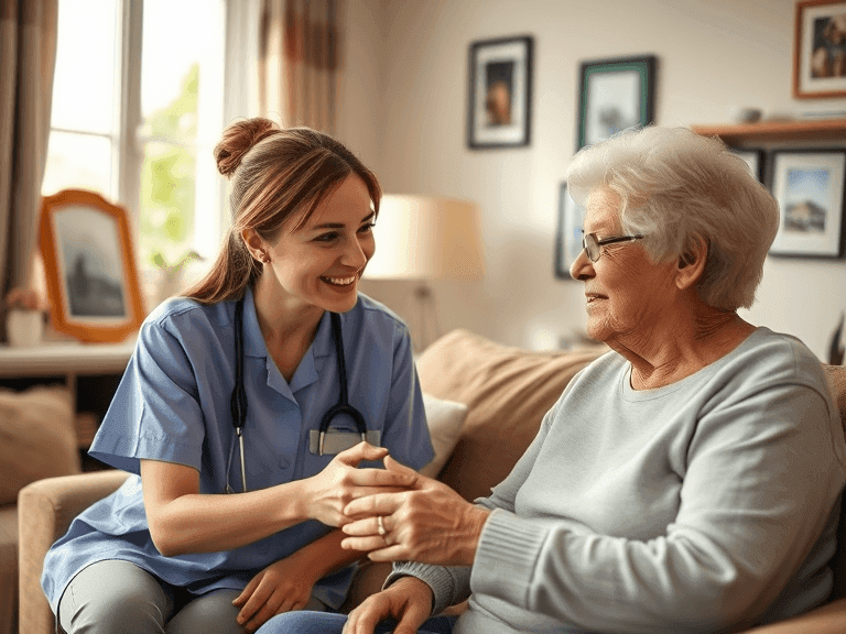 a senior citizen and a young professional caregiver in a well-lit home setting.