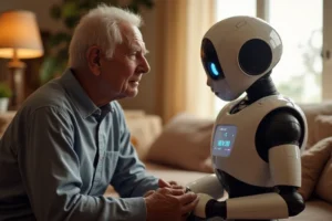 A 3:2 photograph-style image showing a senior interacting with an AI-powered companion robot like ElliQ. The setting should be a cozy home environment, emphasizing warmth and connection. The robot should appear engaging, displaying a friendly expression or animated screen. Soft, natural lighting should enhance the comforting atmosphere.