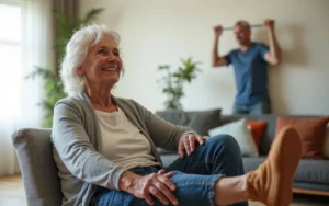 a senior woman seated in a bright, cozy living room, doing a leg lift while smiling. Include a senior man in the background doing wall push-ups against a sturdy wall