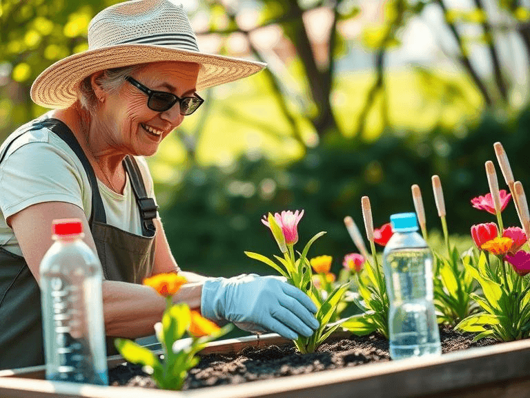 An active senior woman tends to colorful spring flowers in a raised garden bed