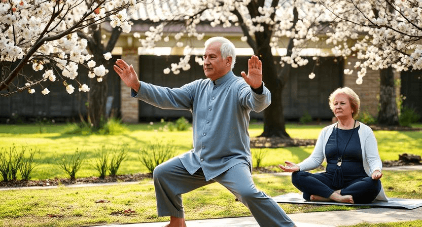 A serene senior man practices tai chi in a blossoming spring garden,