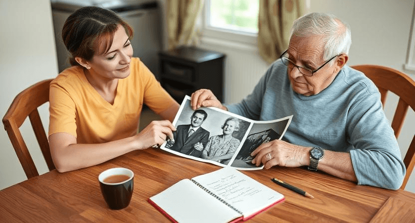 A caregiver and senior man share a quiet moment at a kitchen table reviewing old family photographs.