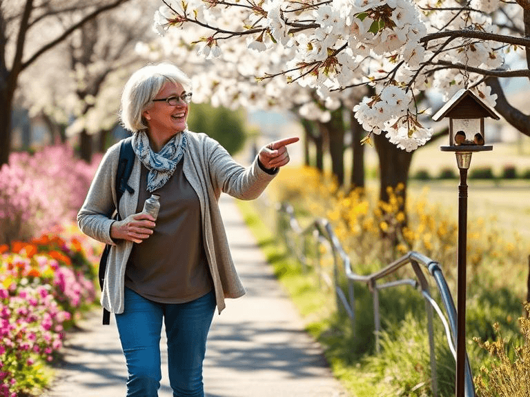 A vibrant scene captures two smiling seniors walking along a flower-lined spring path